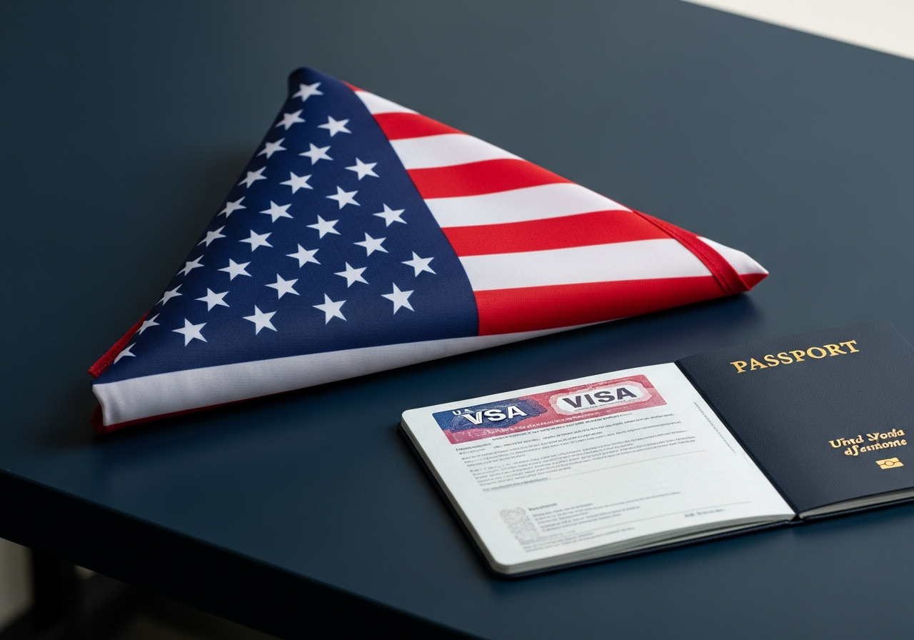 Documentos e bandeira dos Estados Unidos para assessoria de visto americano